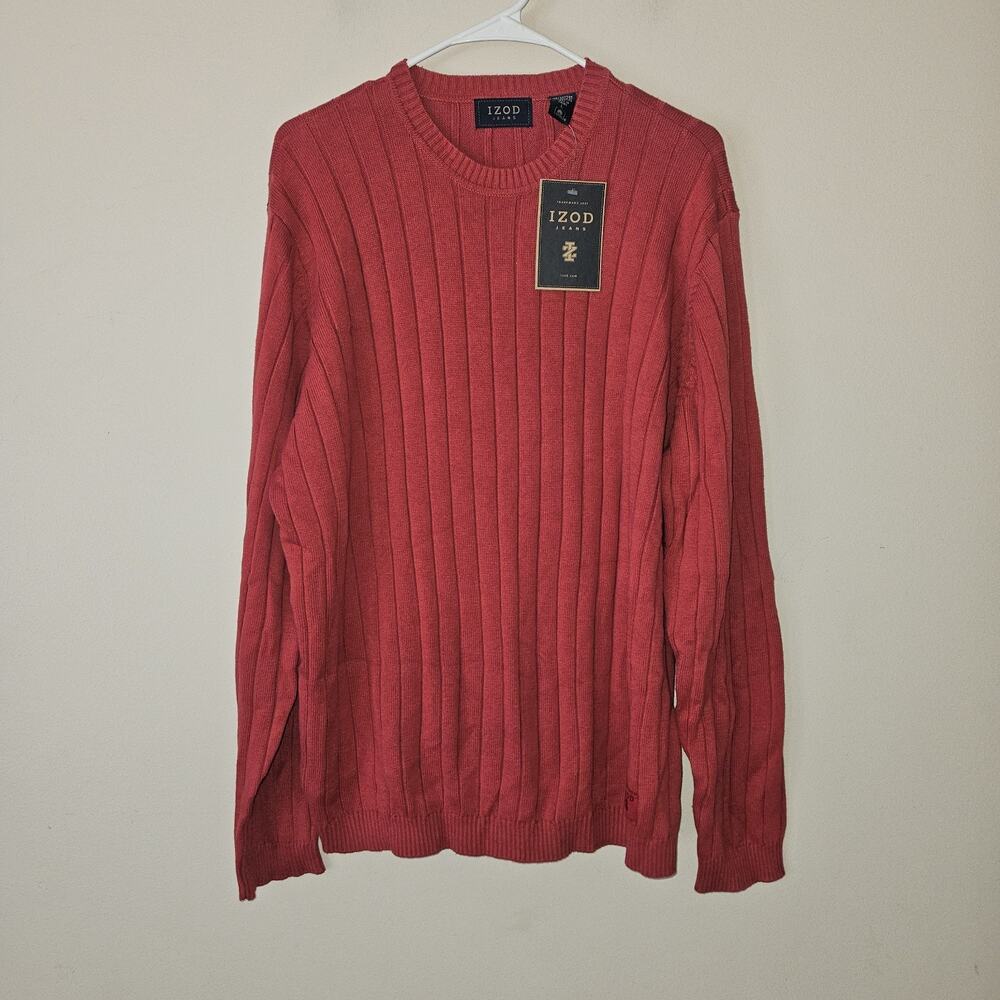 NWT IZOD Jeans Men Large Red Ribbed Knit Crew Neck Cotton Sweater